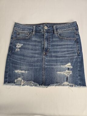 American Eagle Denim Mini Skirt Super Stretch Blue Jean Size 10 Long Distressed
